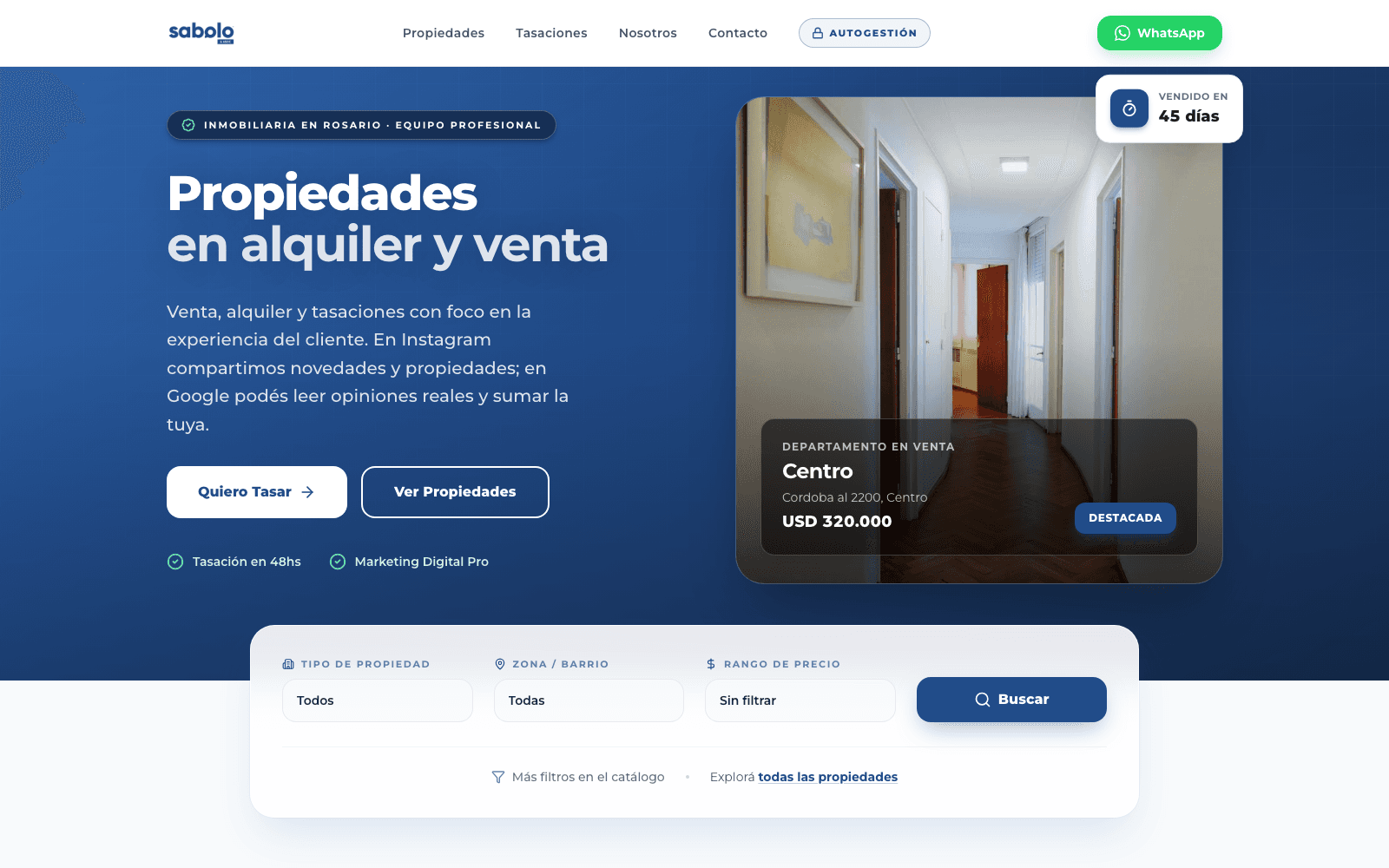 Sabolo & Asociados — Plataforma inmobiliaria propia con búsqueda multi-criterio y panel de propietarios
